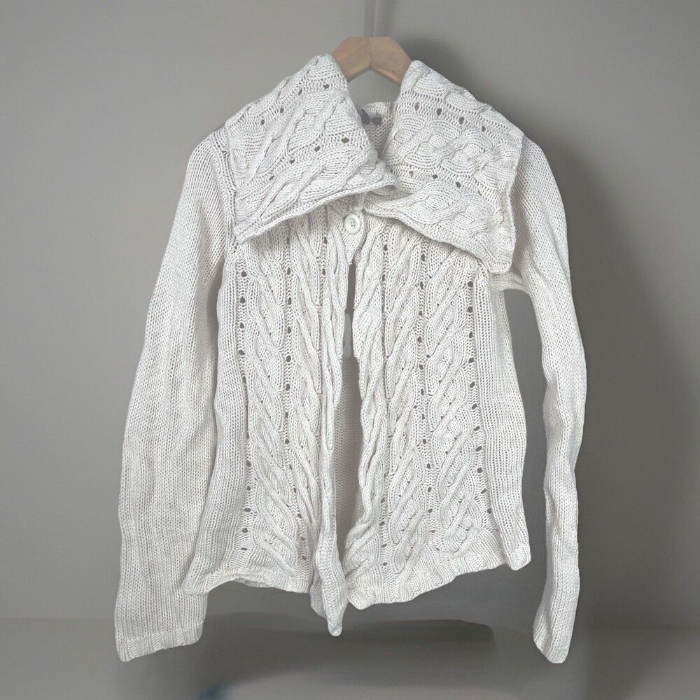 Open Cardigan Y2K Shawl Collar Sweater‎ L Cream Chunky Knit Cottagecore Coastal